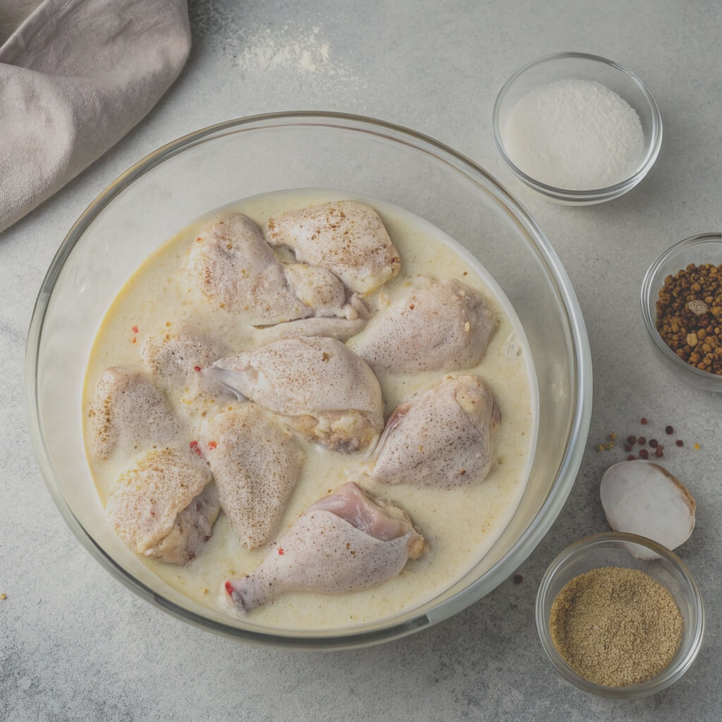 A bowl of chicken coated in a creamy white sauce, garnished with various spices for added flavor.