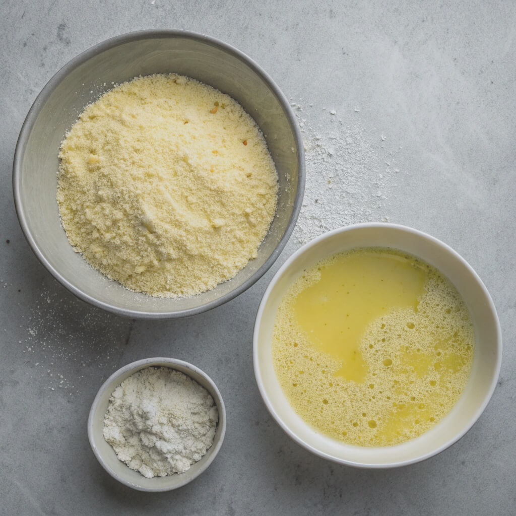 Lemon, ricotta cheese, eggs, and sugar arranged on a wooden surface, ready for a recipe preparation.
