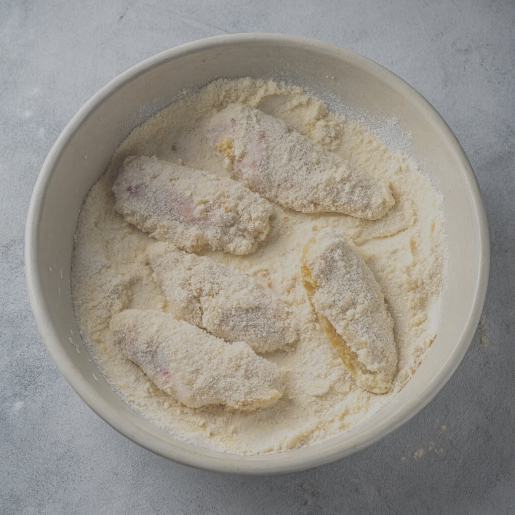 A bowl filled with chicken nuggets coated in flour, ready for frying or baking.