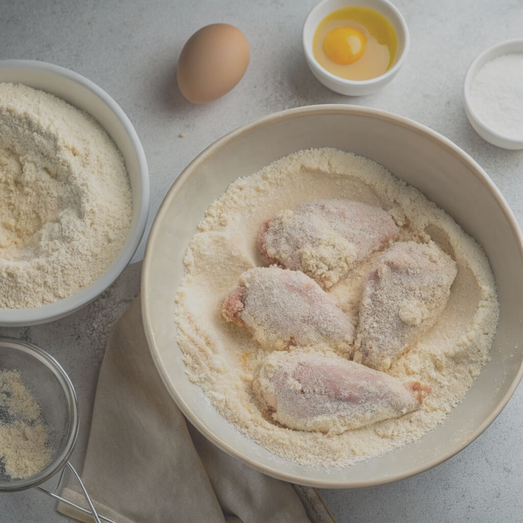 Ingredients for chicken thighs arranged in a bowl, including spices, herbs, and marinade components.