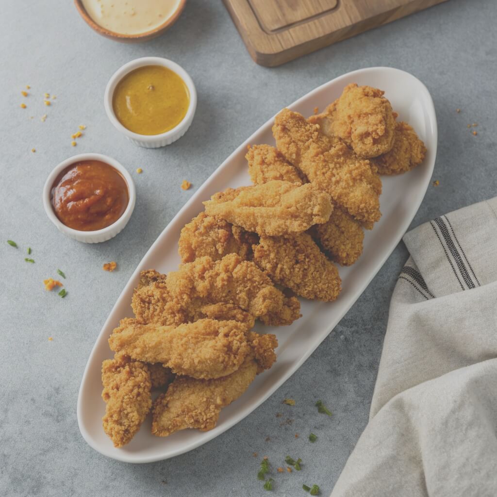 Chicken nuggets arranged on a plate with a small bowl of dipping sauce beside them.
Crispy Chicken Tenders Recipe