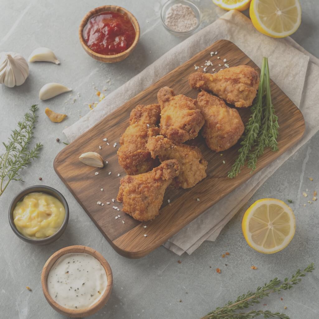 Fried chicken garnished with lemon and herbs, displayed on a wooden cutting board.
Crispy Chicken Fritta Recipe