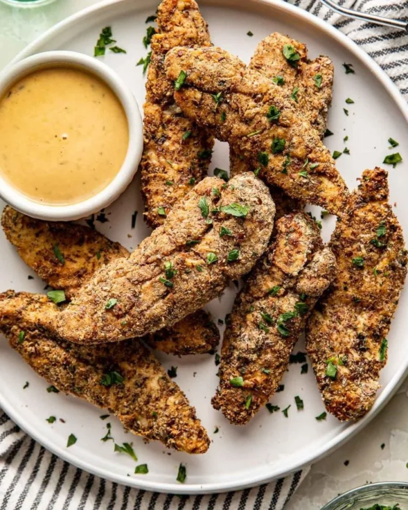 Air fryer chicken tenders served with dipping sauce on a plate