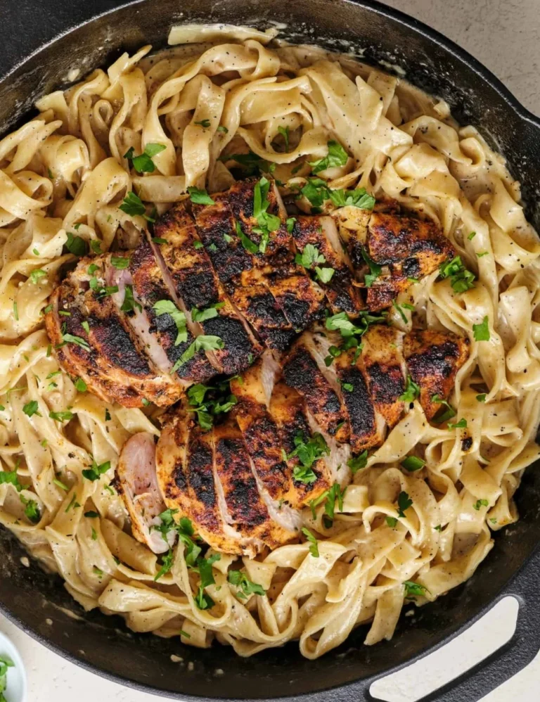 Delicious Blackened Chicken Alfredo served on a plate