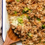 Delicious Chicken Broccoli Casserole topped with stuffing, perfect for a comforting meal.