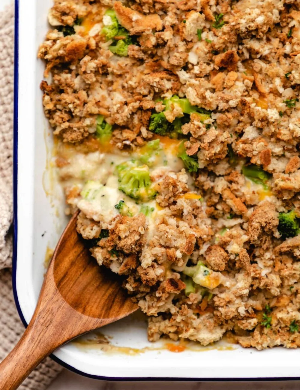Delicious Chicken Broccoli Casserole topped with stuffing, perfect for a comforting meal.