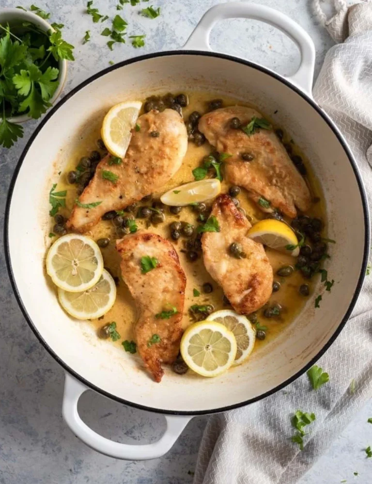 Delicious Chicken Piccata served with lemon and capers on a plate.