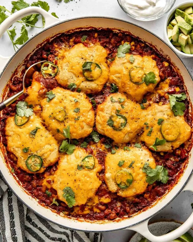 Delicious Chili Cornbread Casserole served in a baking dish, garnished and ready to enjoy.