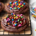Plate of freshly baked Cosmic Brownie Cookies with chocolate and sprinkles