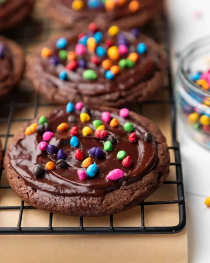 Plate of freshly baked Cosmic Brownie Cookies with chocolate and sprinkles