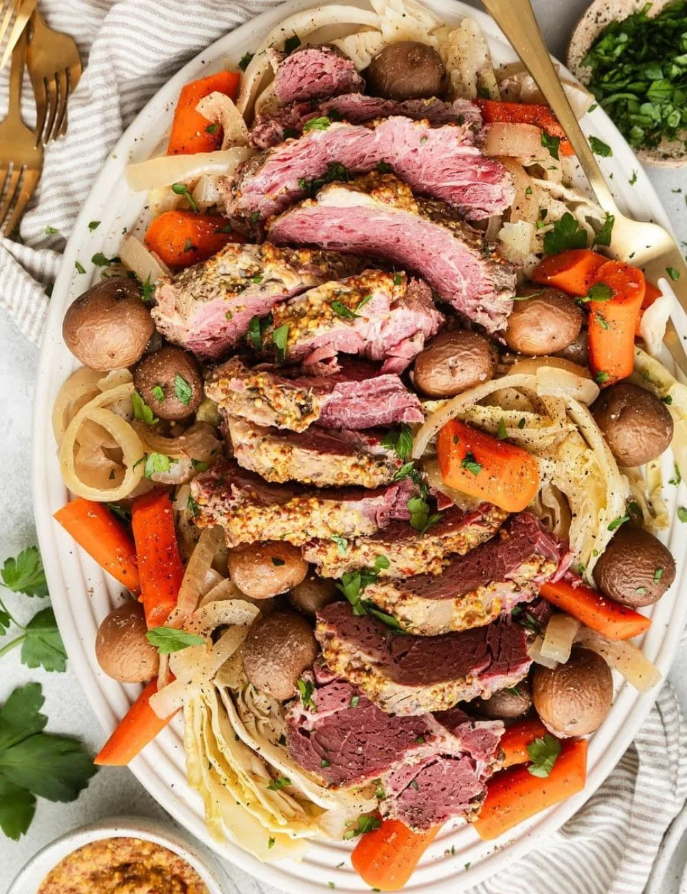 Delicious Crockpot Corned Beef and Cabbage dish ready to serve.