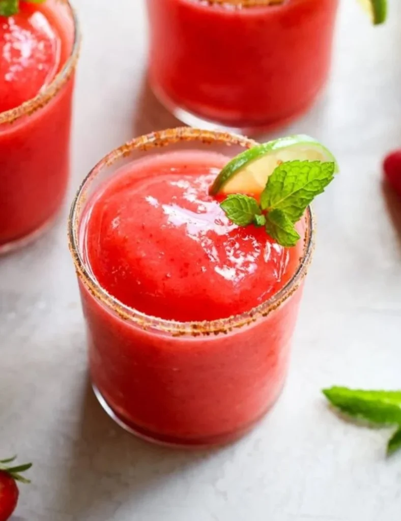 Refreshing frozen strawberry margaritas in a glass with a lime garnish
