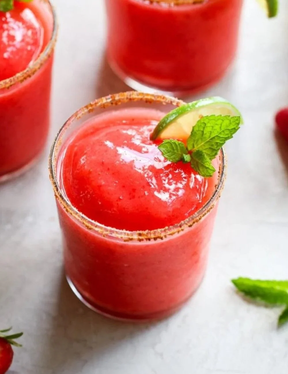 Refreshing frozen strawberry margaritas in a glass with a lime garnish