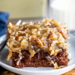 Delicious homemade German Chocolate Sheet Cake with coconut-pecan frosting