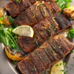 Grilled lemon pepper salmon garnished with herbs on a white plate