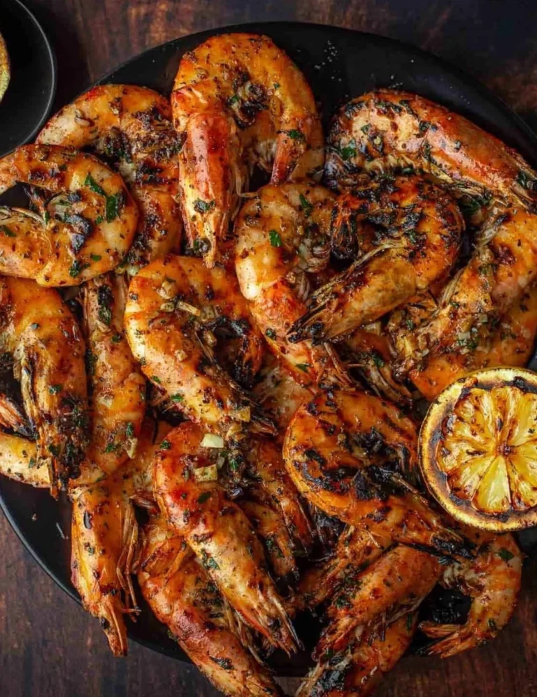 Grilled prawns served with garlic butter sauce on a plate