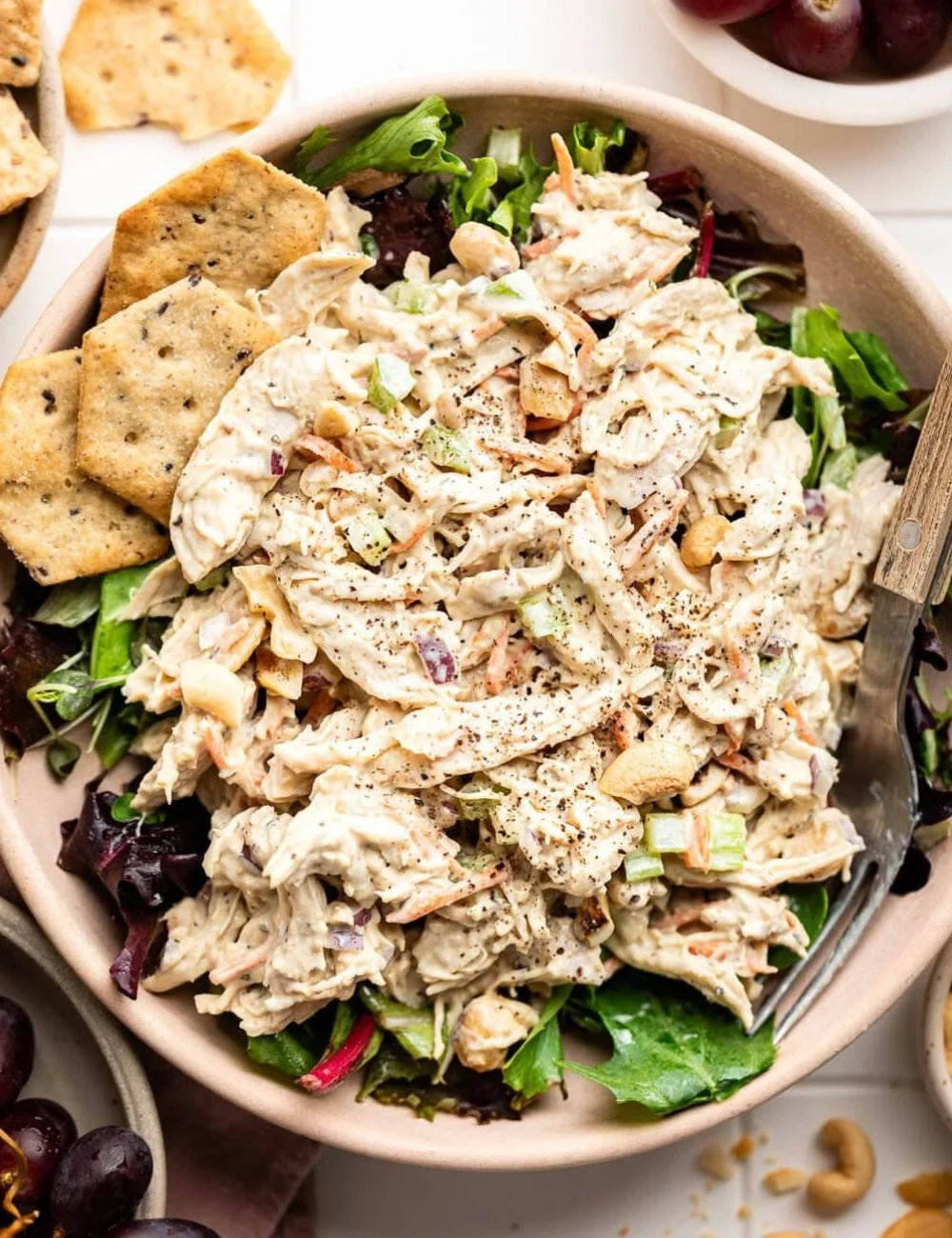 Honey Mustard Chicken Salad with fresh greens and dressing