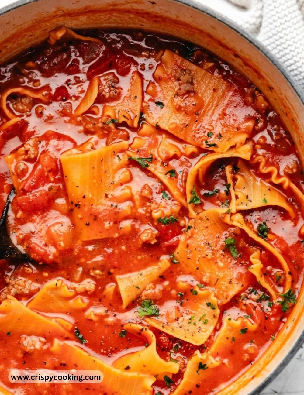 Delicious homemade Lasagna Soup garnished with herbs in a bowl.