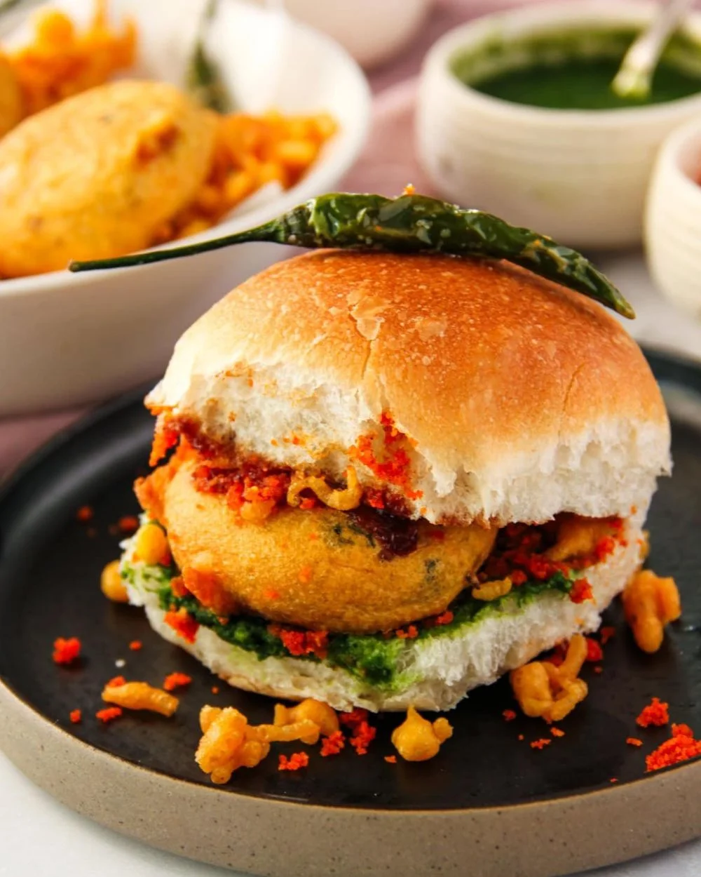 Delicious Mumbai Vada Pav served with chutney and green chili