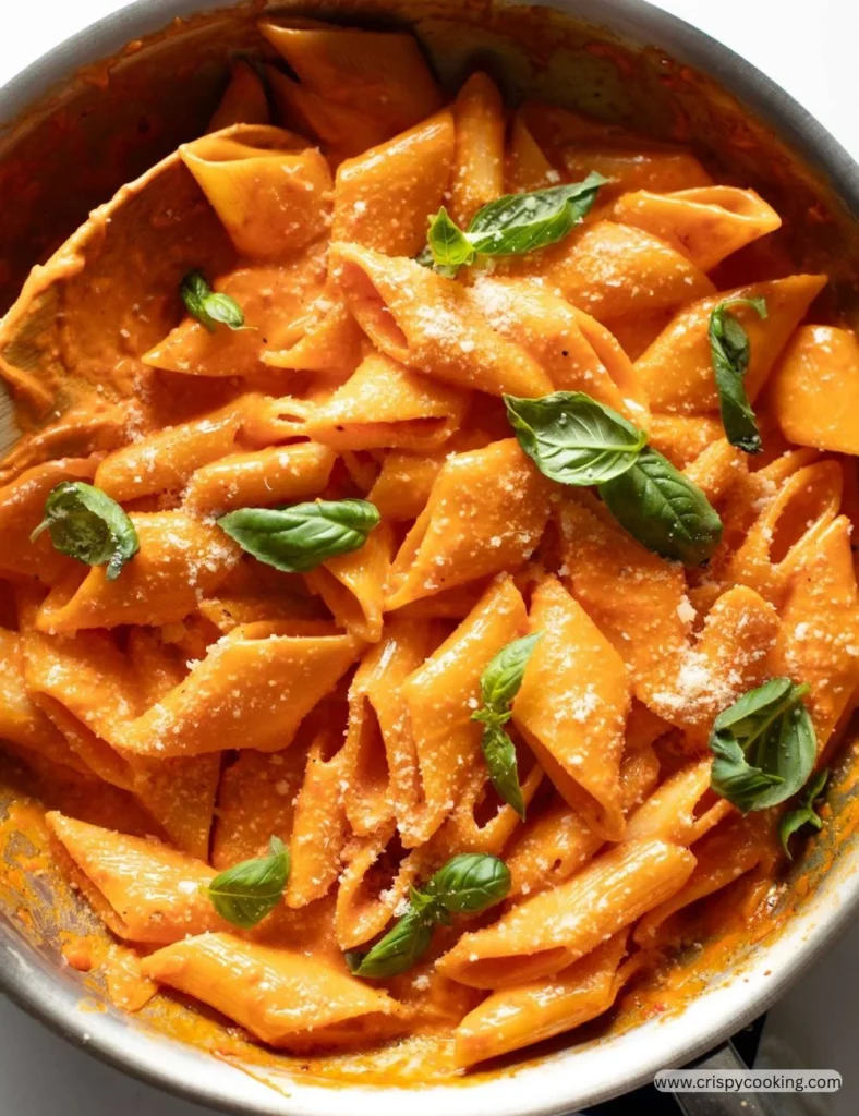 Plate of creamy roasted red pepper pasta garnished with fresh herbs