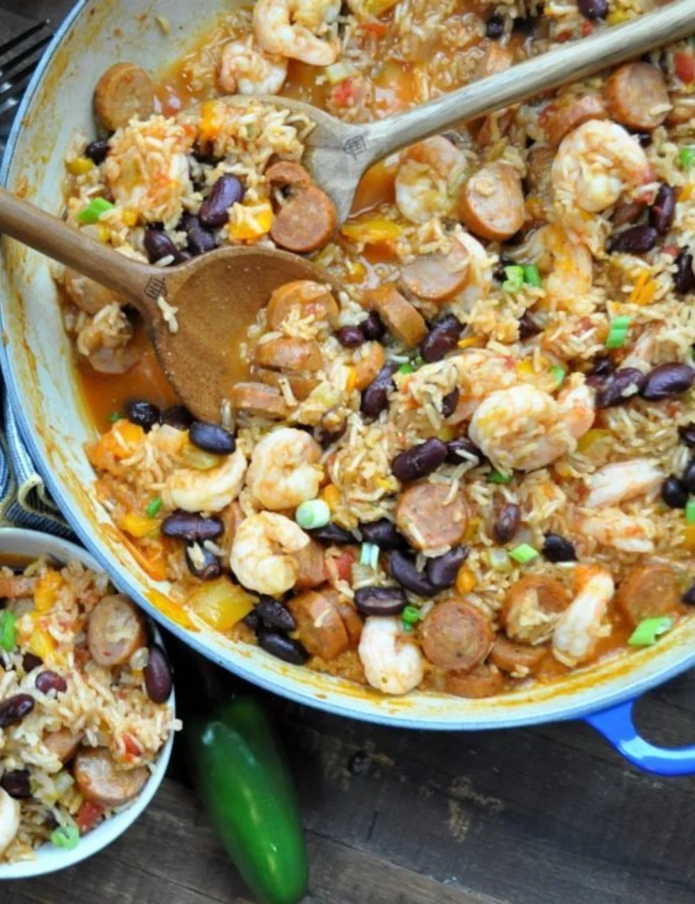 A vibrant Skillet Jambalaya dish filled with shrimp, sausage, and vegetables.