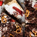Delicious Strawberry Pretzel Ice Cream Pie with a crunchy crust and fresh strawberries.