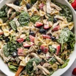 Summer berry pasta salad with chicken and vibrant fresh ingredients