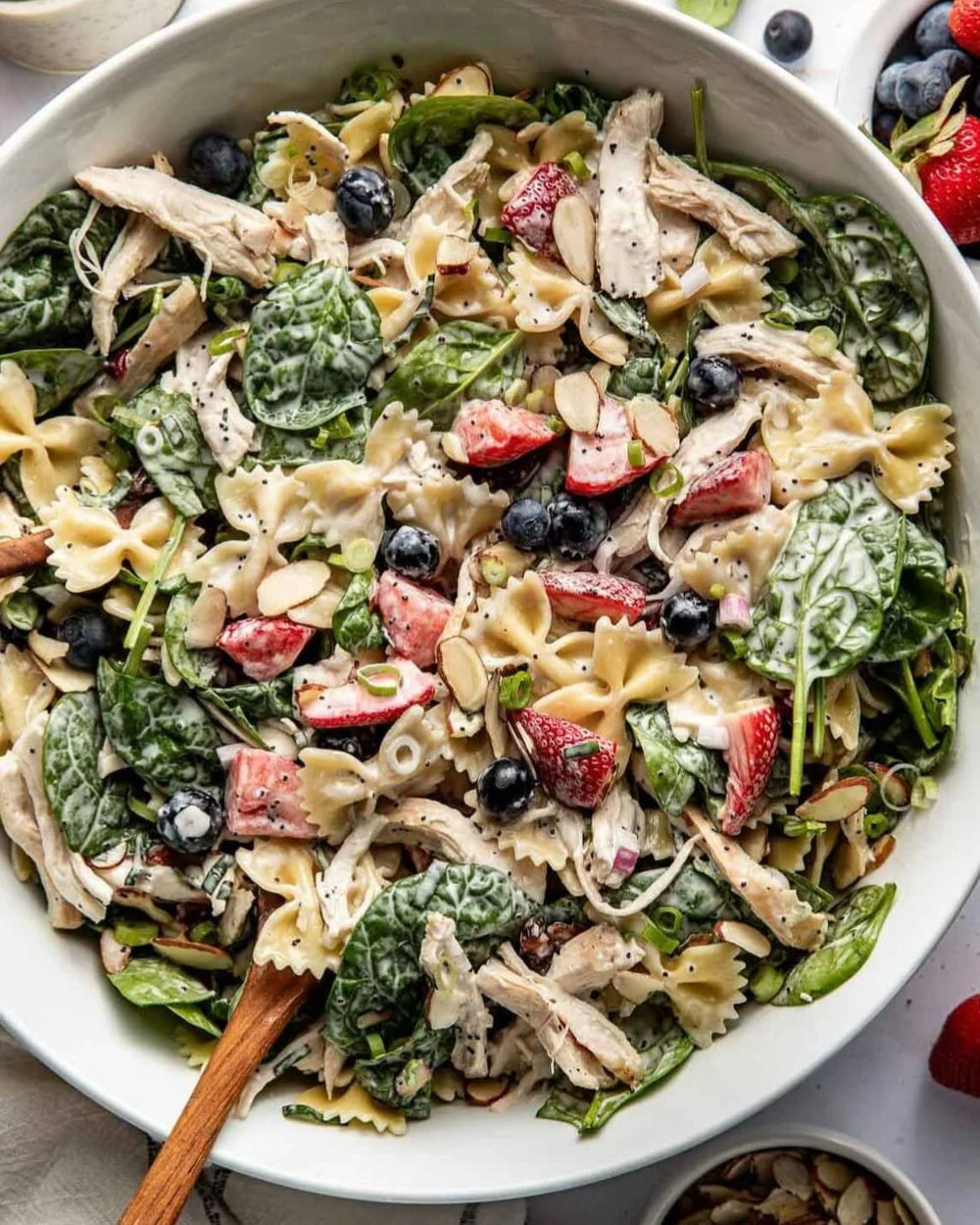 Summer berry pasta salad with chicken and vibrant fresh ingredients