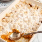 Delicious sweet potato casserole topped with fluffy marshmallows