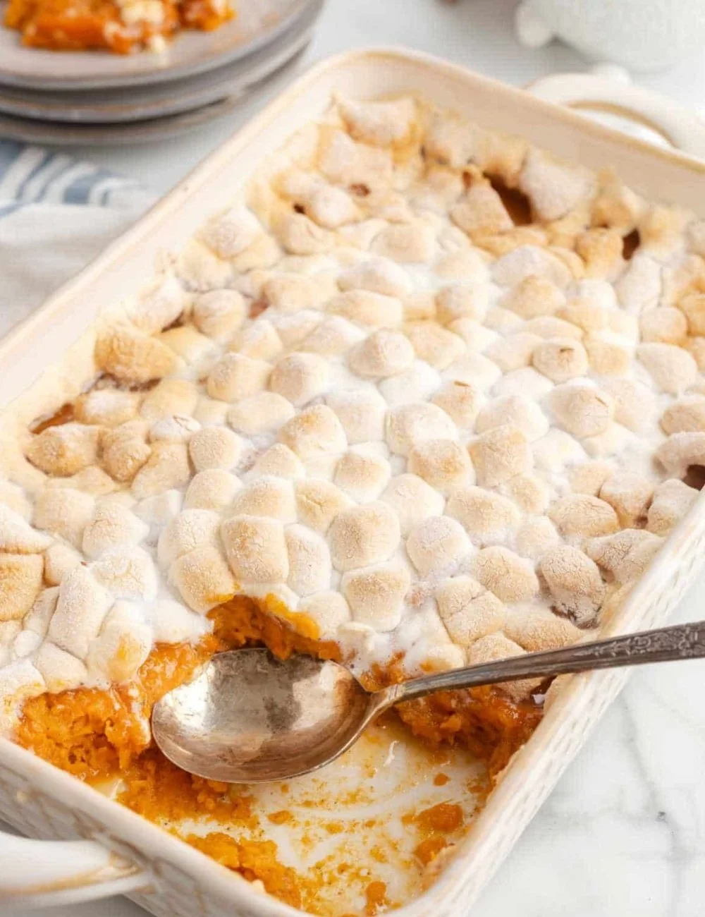 Delicious sweet potato casserole topped with fluffy marshmallows