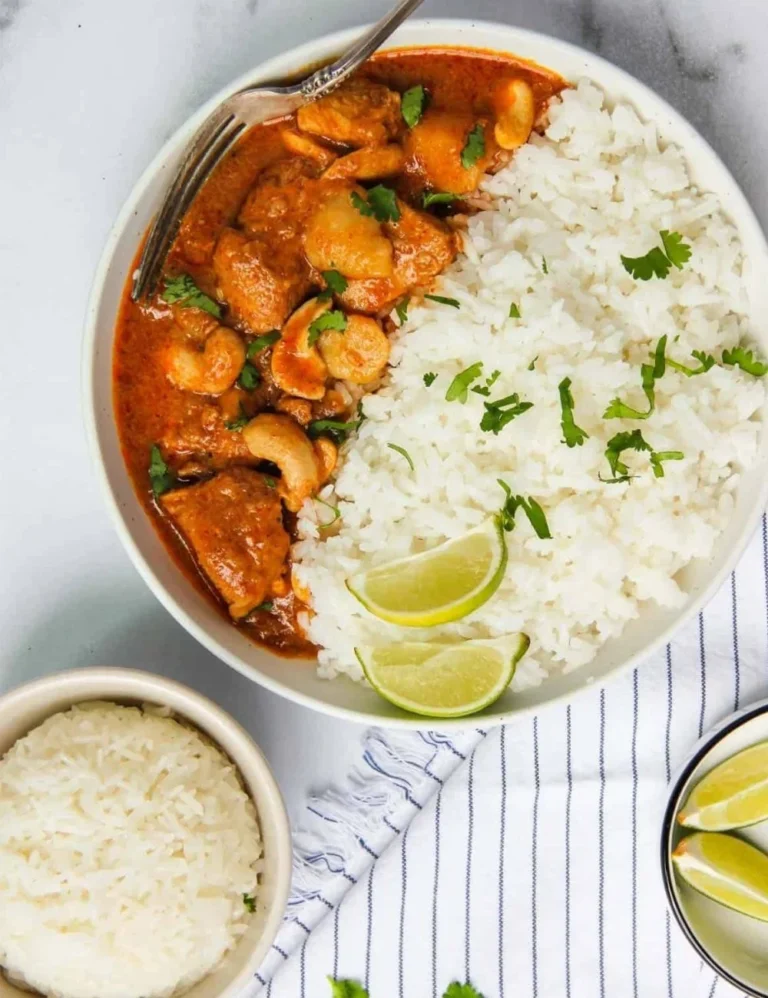 Bowl of Thai Massaman Curry with Chicken, showcasing the rich ingredients and spices.