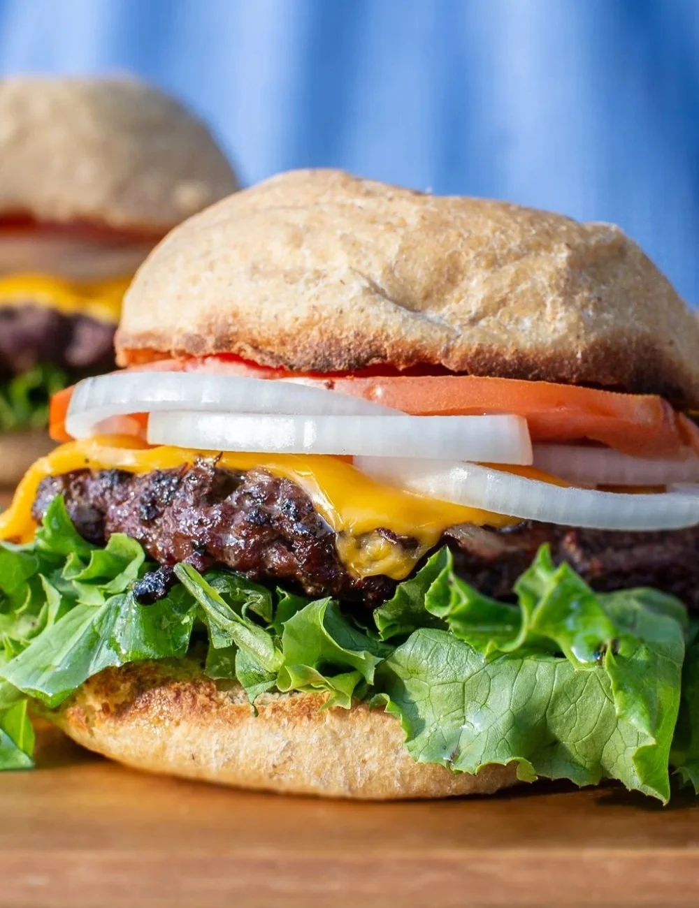 Delicious homemade venison burger with fresh toppings and gourmet presentation.