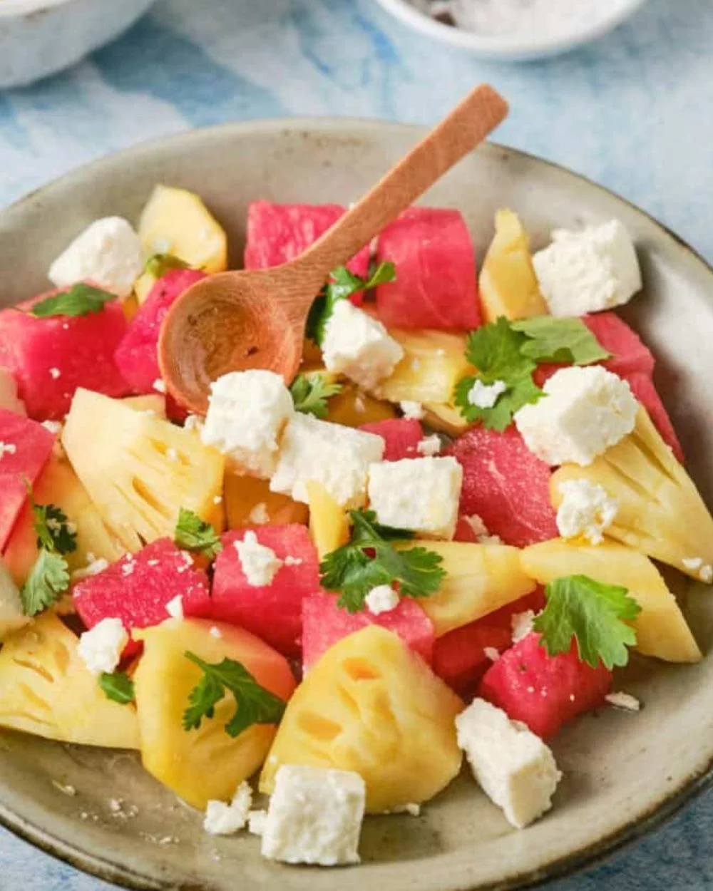 A vibrant Watermelon Feta Salad served in a bowl garnished with mint