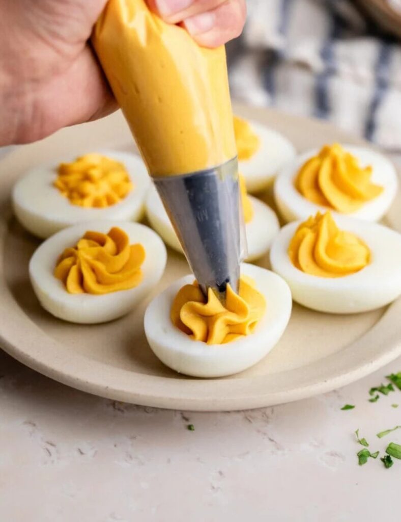 A person spreads mustard on deviled eggs using a knife, preparing them for serving or consumption.