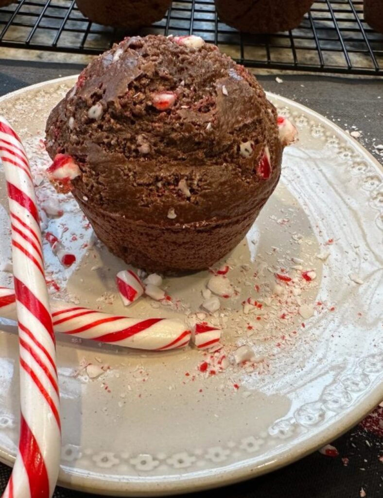 A person holds a chocolate muffin topped with candy canes, showcasing a festive and delicious treat.

