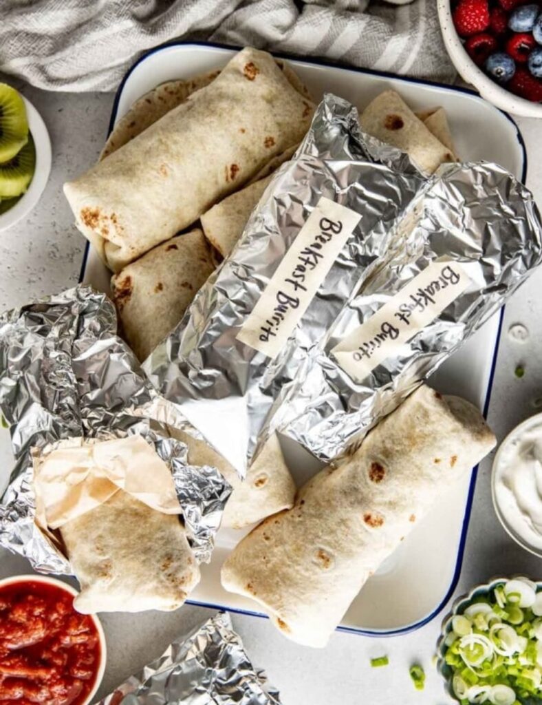 Healthy meal prep breakfast burritos ready to be served