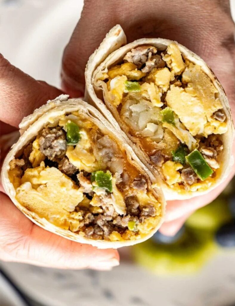Healthy meal prep breakfast burritos ready to be served