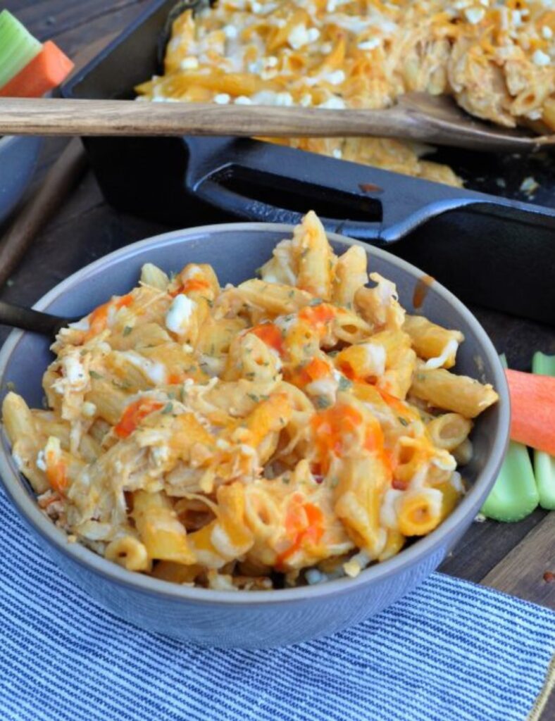 Delicious Buffalo Chicken dish garnished with celery and blue cheese