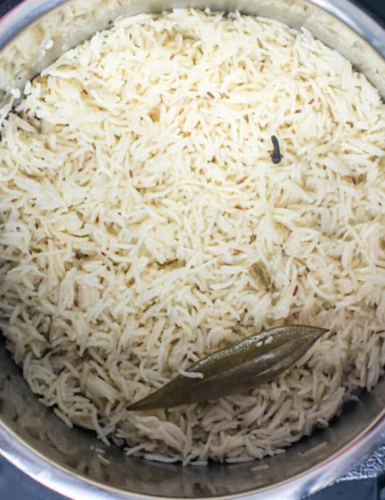 A delicious bowl of jeera rice made in an Instant Pot