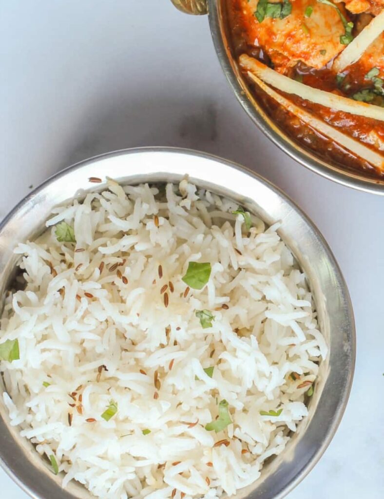 A delicious bowl of jeera rice made in an Instant Pot