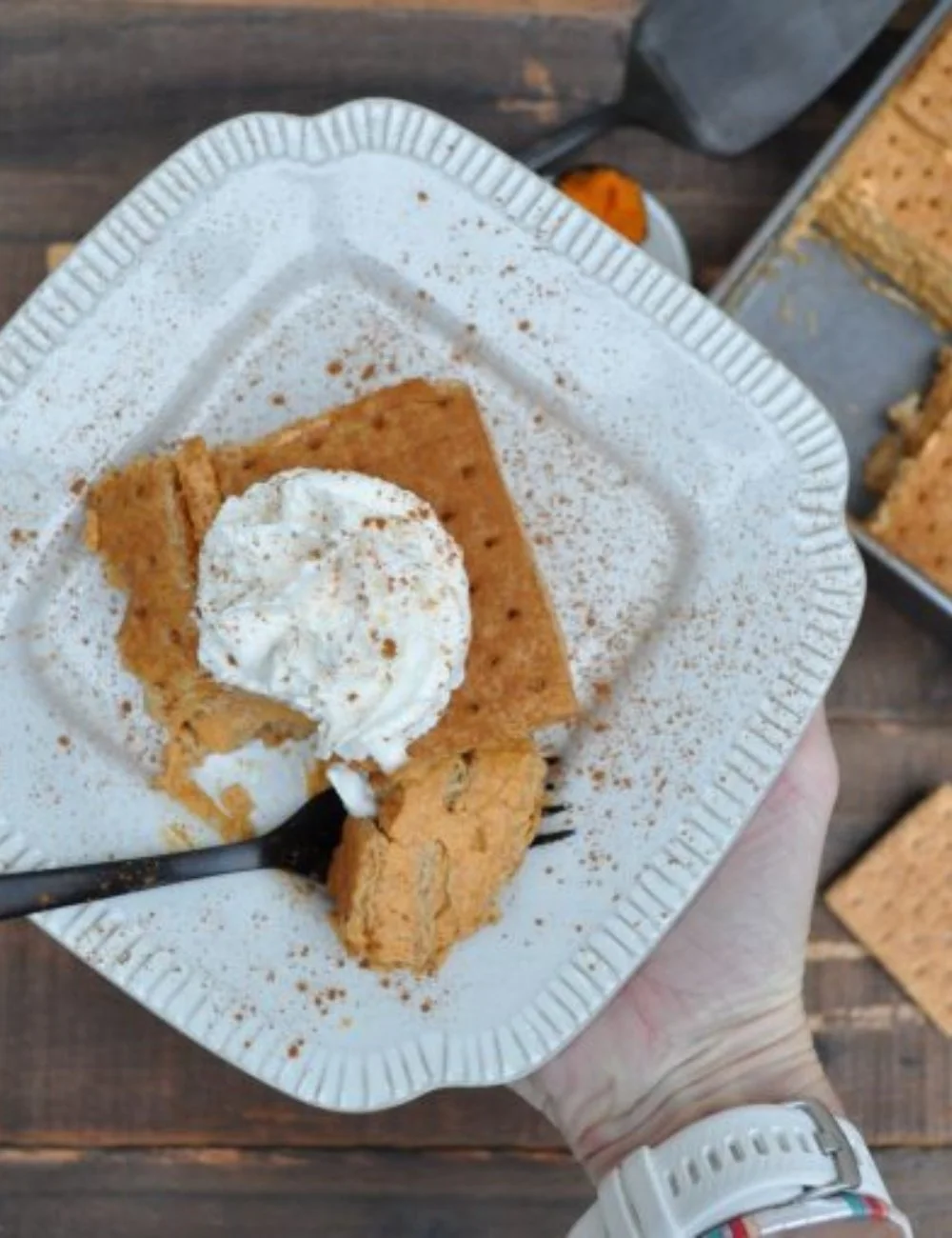 Delicious breakfast pumpkin pie served with whipped cream and spices