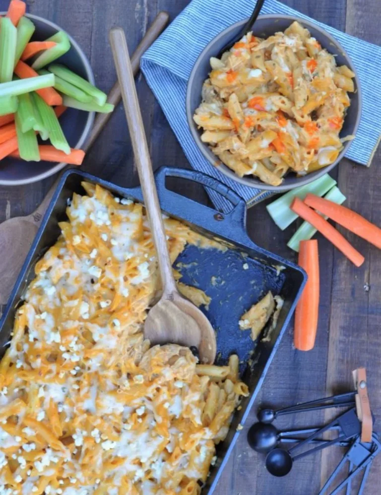Delicious Buffalo Chicken dish garnished with celery and blue cheese