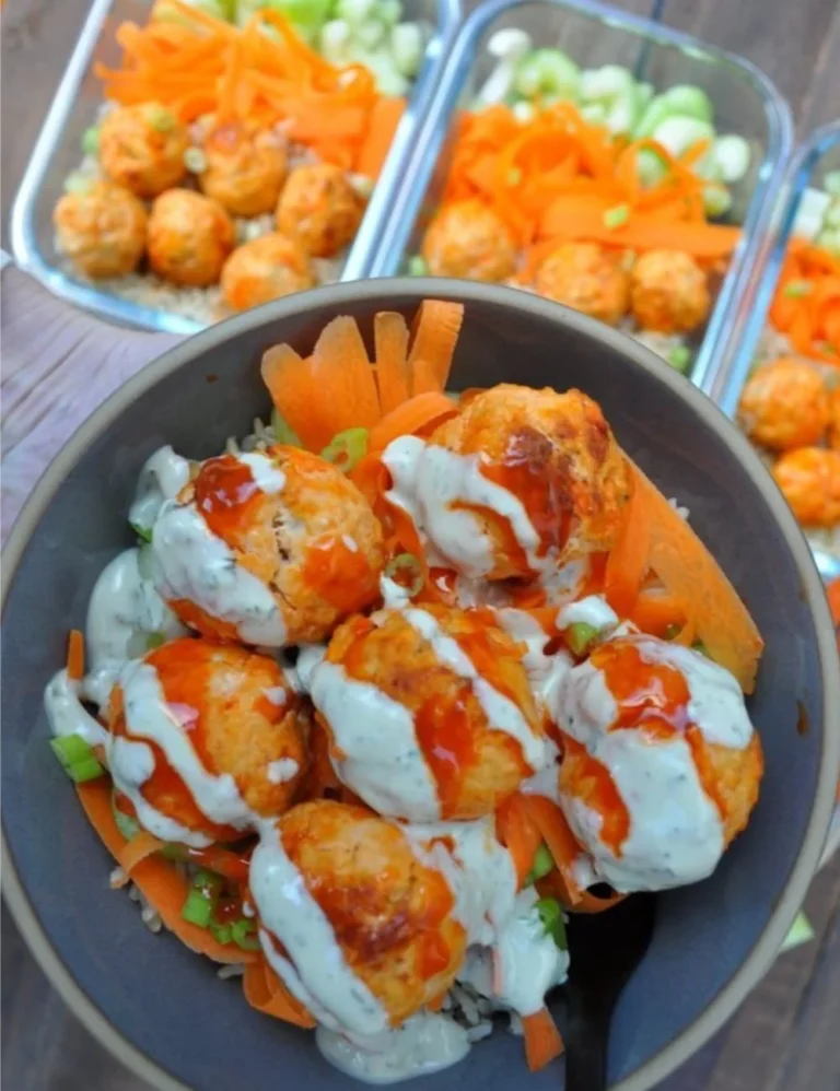 Buffalo Chicken Meatball Bowls with dipping sauce and fresh vegetables