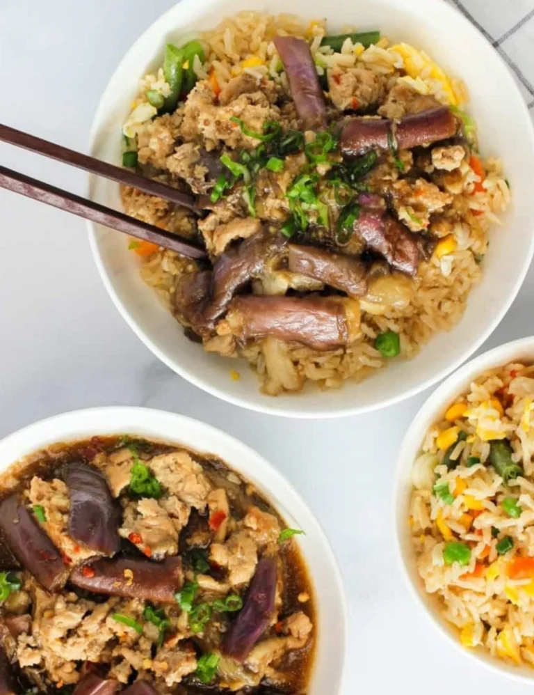 Delicious Chicken and Eggplant in Garlic Sauce dish served on a plate