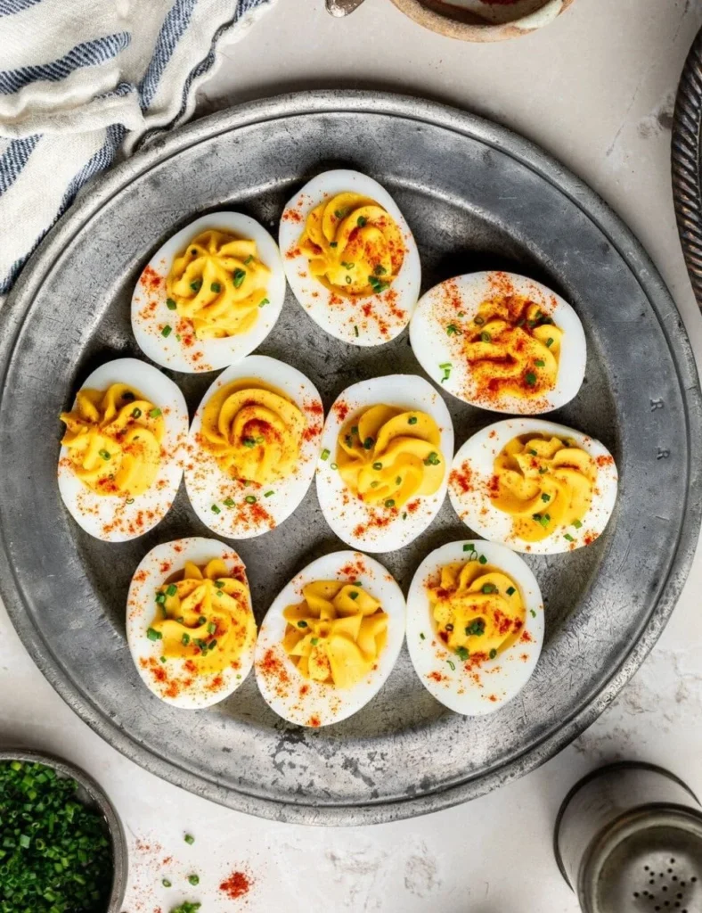 Plate of healthy deviled eggs garnished with herbs