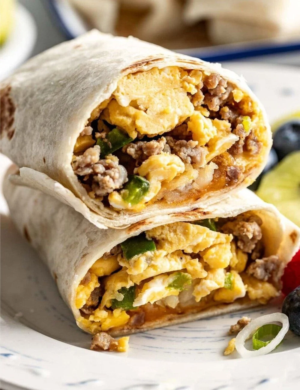 Healthy meal prep breakfast burritos ready to be served