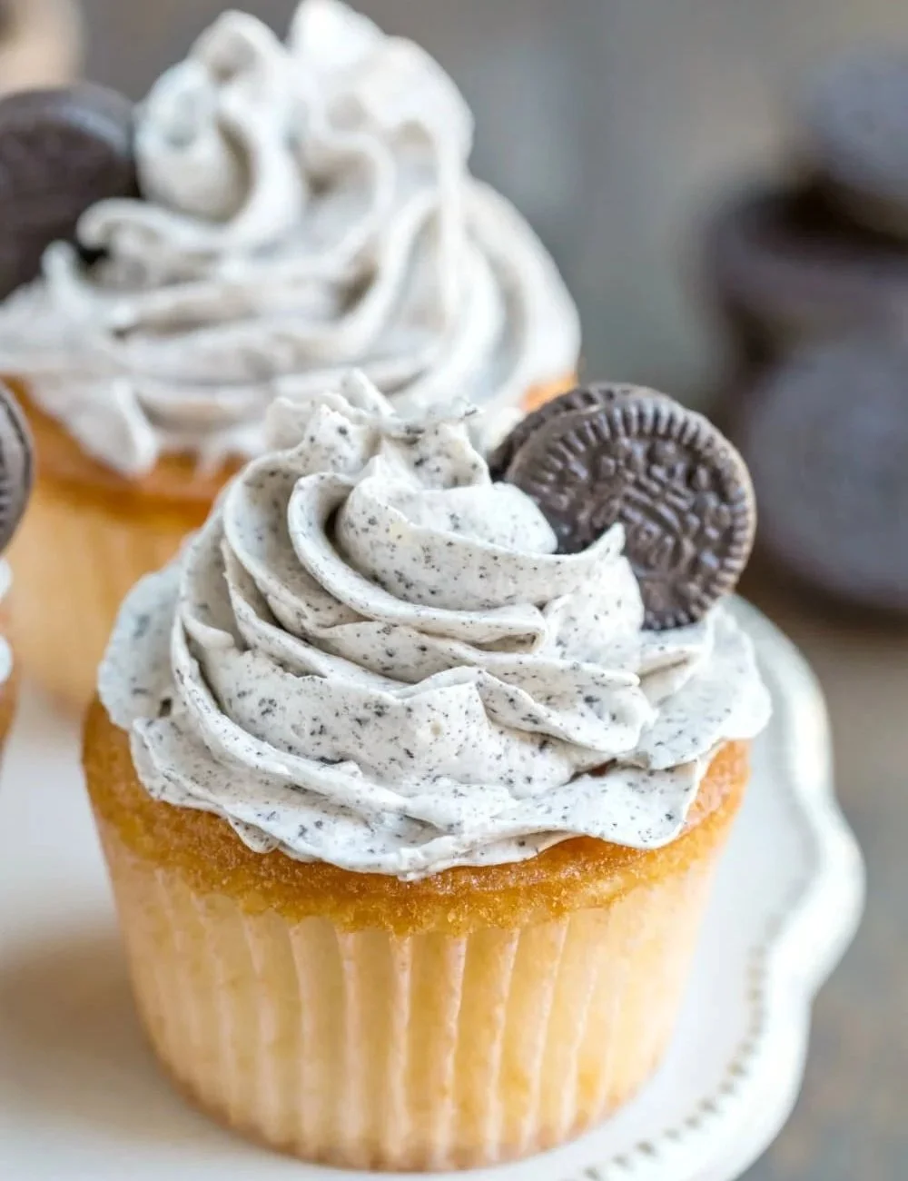 Delicious homemade Oreo frosting on a chocolate cupcake