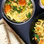 A bowl of colorful Vegetables Khichdi garnished with fresh herbs.