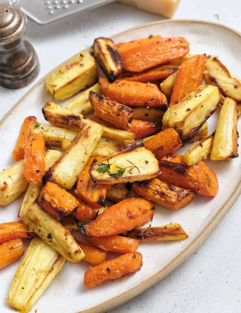 Bowl of roasted carrots and parsnips, vibrant and crispy, ready to serve.